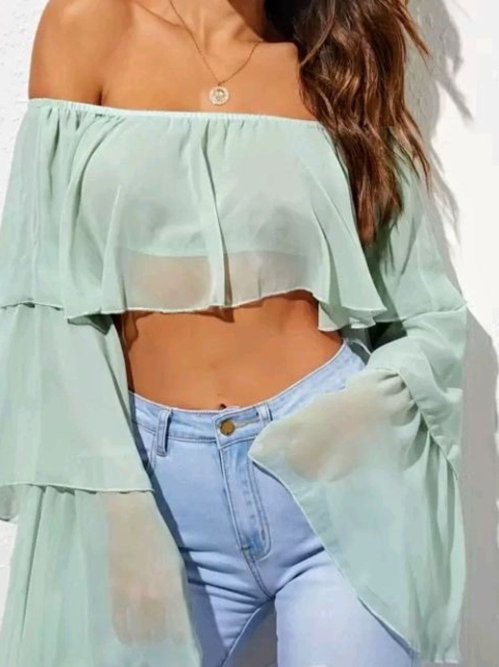 Off-Shoulder Mint Green Ruffle Crop Top